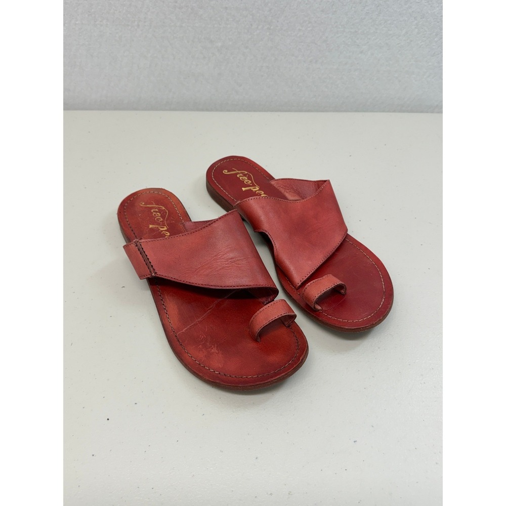 Free People Red Genuine Leather Toe Loop Slide Flat Sandals EU 37 US 7 - Picture 2 of 6